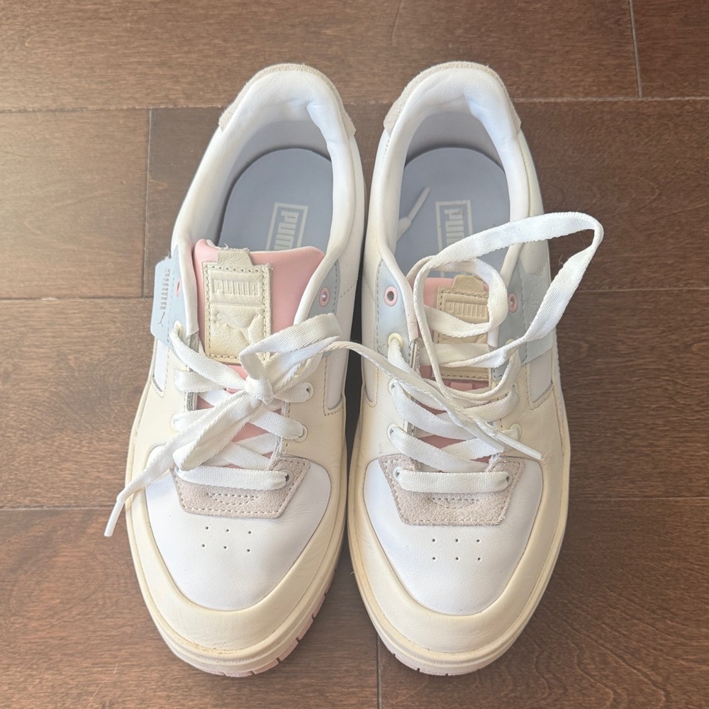 Puma White Sneakers with Pastel Pink and Light Blue Accents